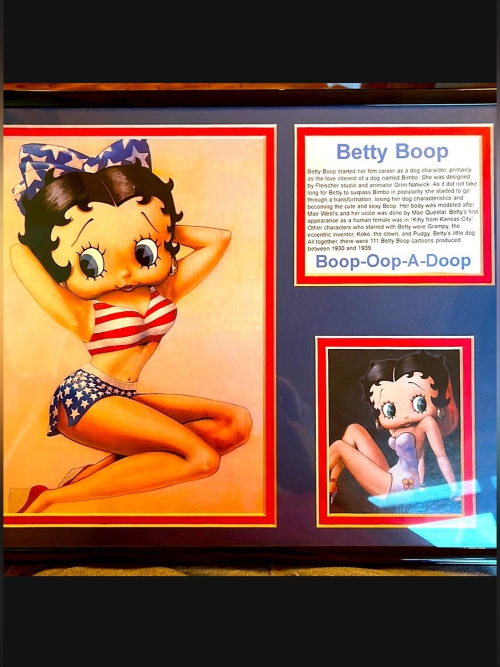 Vintage 11” x 14” patriotic framed Betty Boop bikini print matted picture EUC